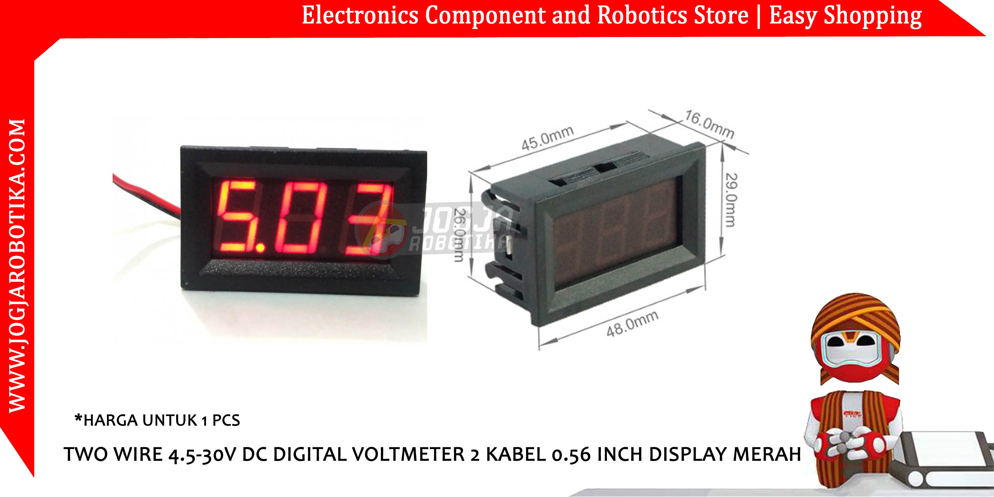 Two Wire 4.5-30V DC Digital Voltmeter 2 Kabel 0.56 Inch Display Merah