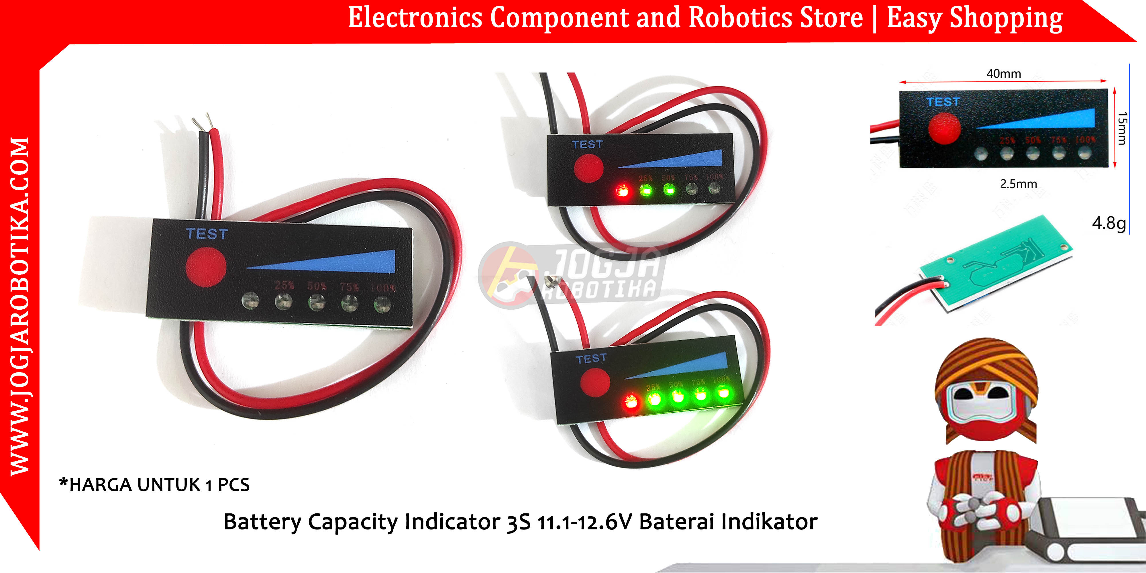 Battery Capacity Indicator 3S 11.1-12.6V Baterai Indikator