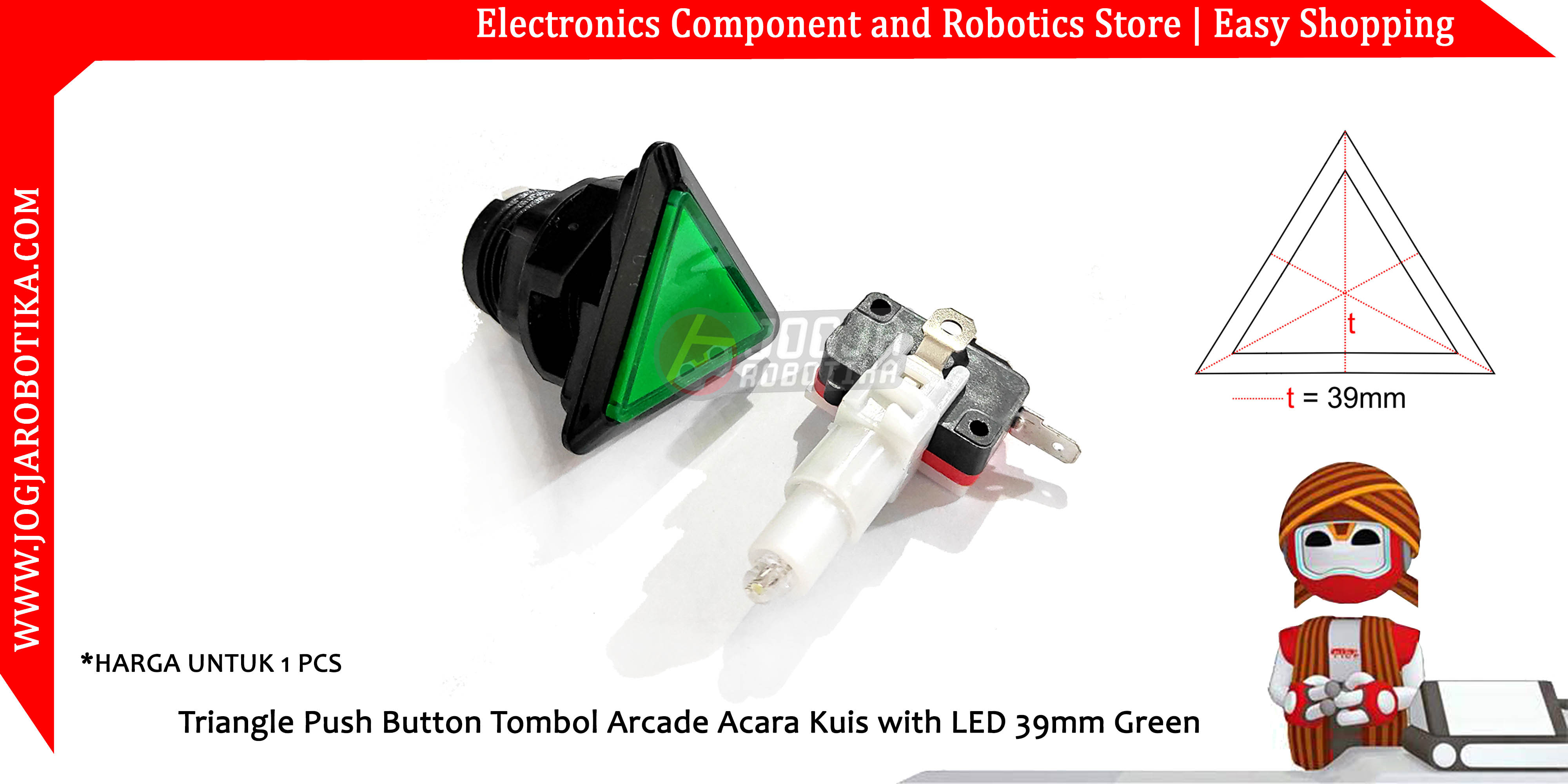 Triangle Push Button Tombol Arcade Acara Kuis with LED 39mm Green