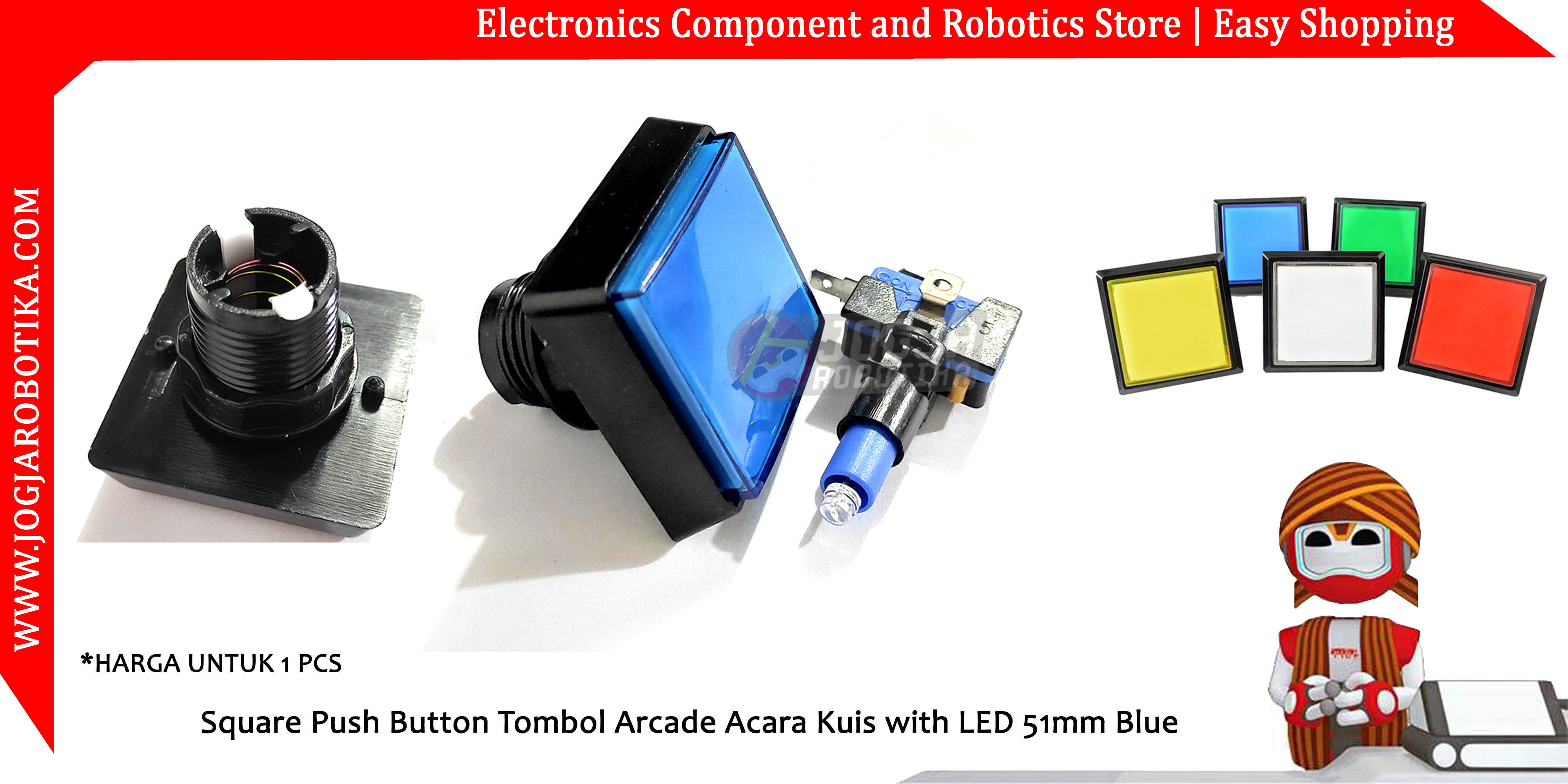Square Push Button Tombol Arcade Acara Kuis with LED 51mm Blue