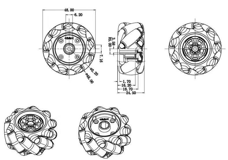 1 Set 48mm Plastic Mecanum Wheel Without Motor Coupling