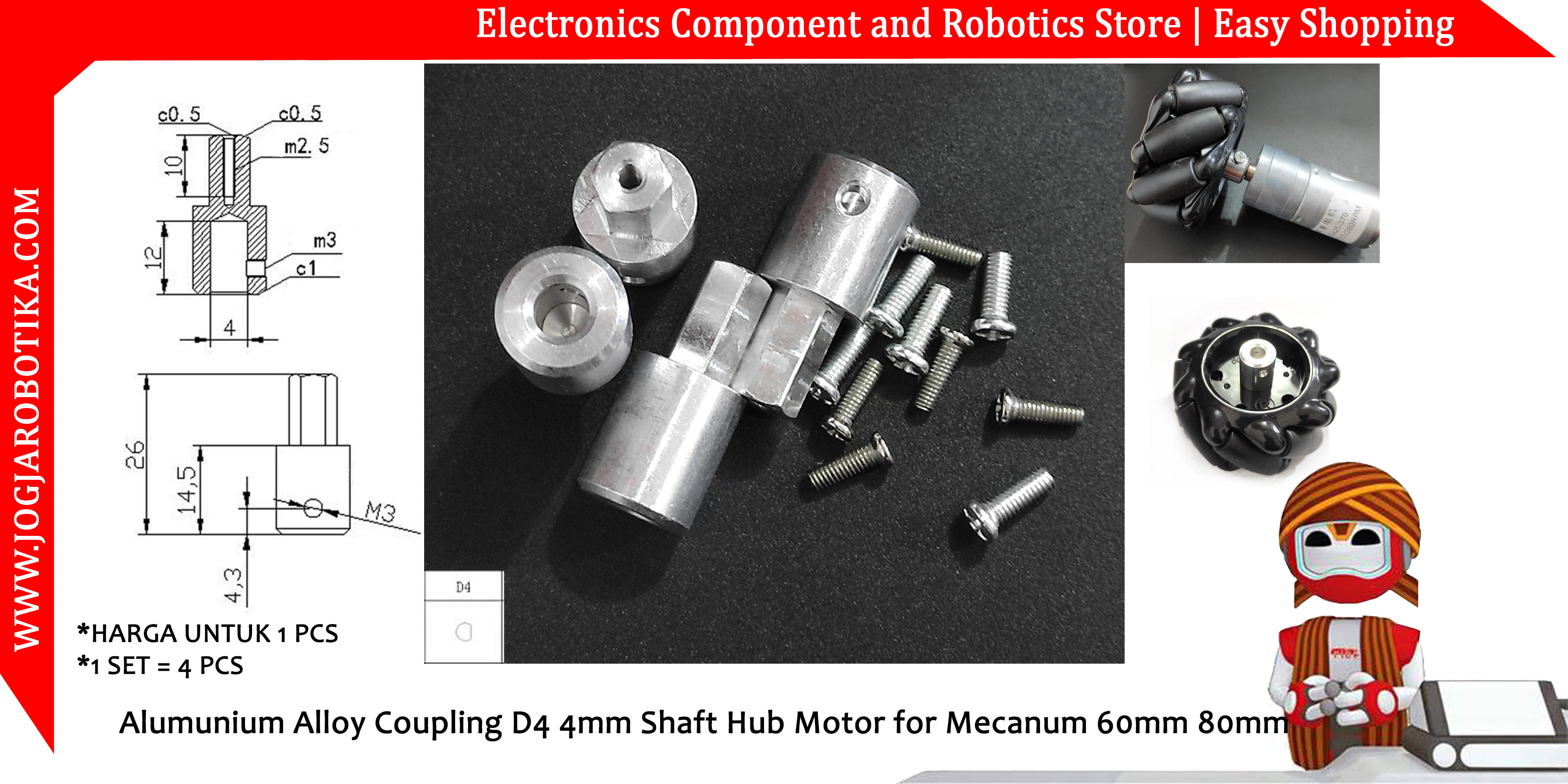 Alumunium Alloy Coupling D4 4mm Shaft Hub Motor for Mecanum 60mm 80mm