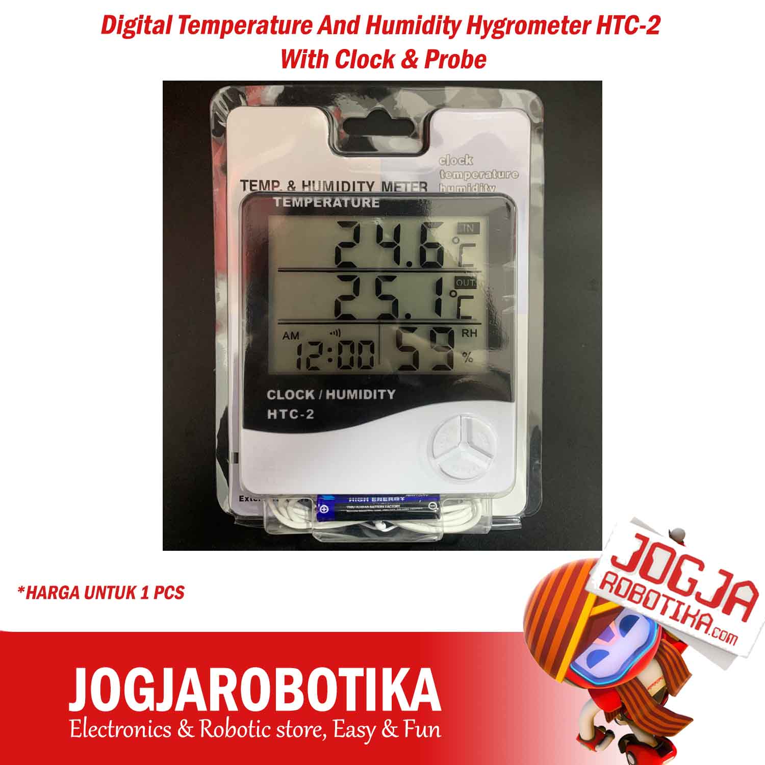 Digital Temperature And Humidity Hygrometer HTC-2 With Clock & Probe