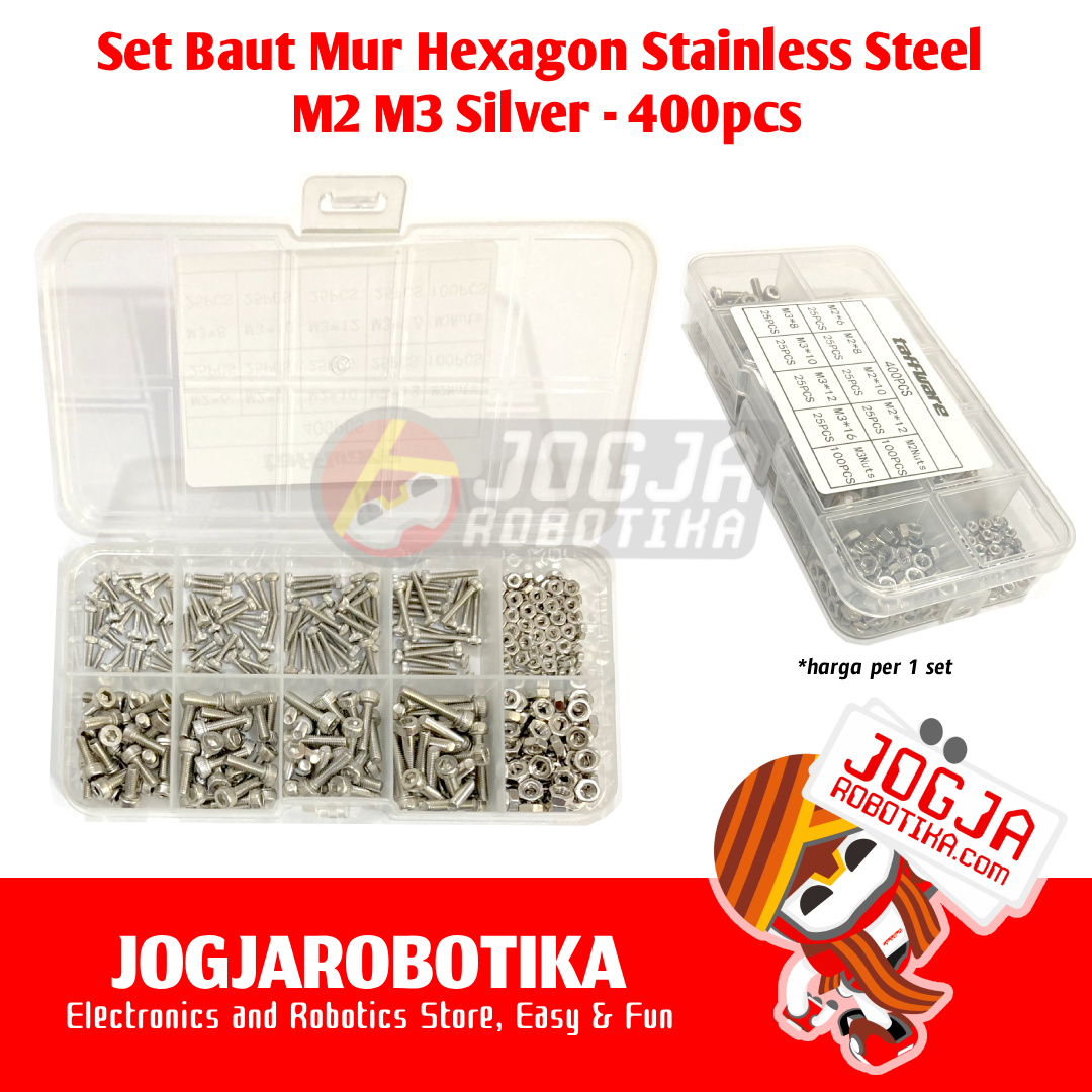 Paket Baut Mur Hexagon Stainless Steel M2 M3 Silver 1 Box isi 400pcs