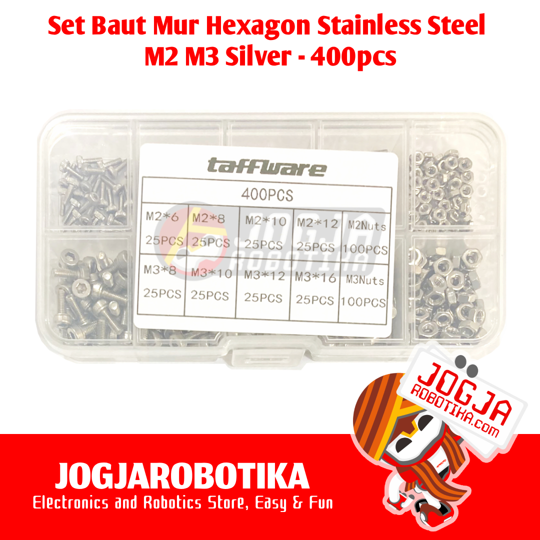 Paket Baut Mur Hexagon Stainless Steel M2 M3 Silver 1 Box isi 400pcs