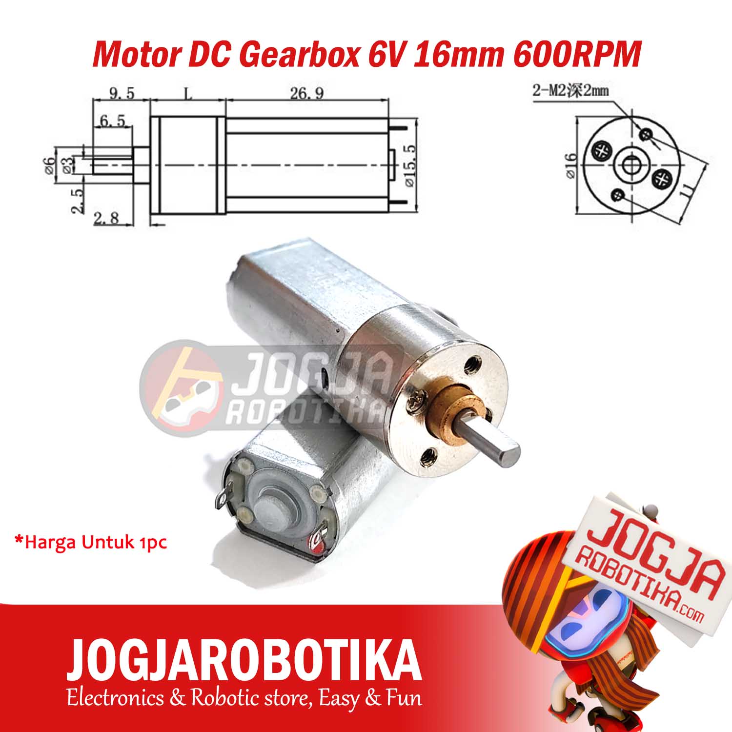 Motor DC Gearbox 6V 16mm 600RPM