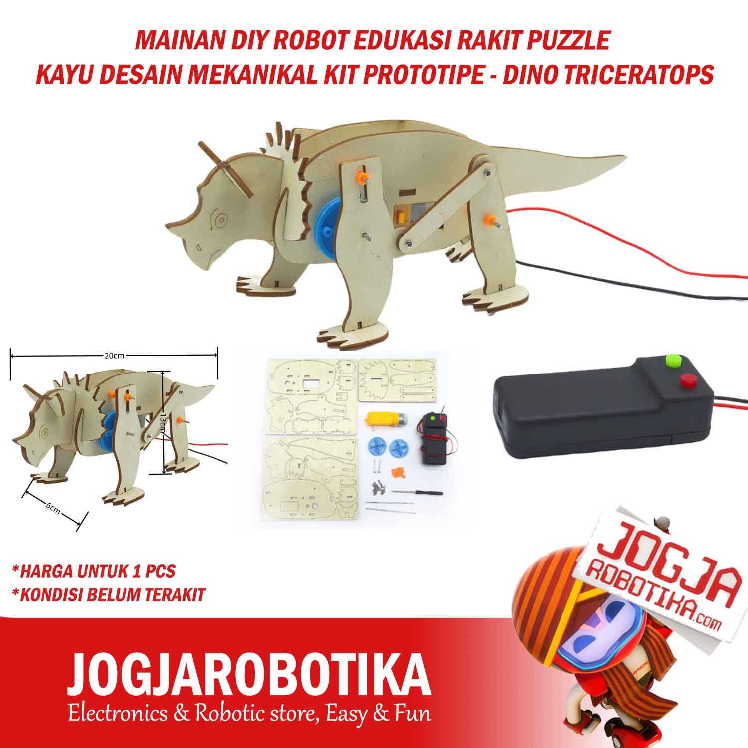 MAINAN DIY ROBOT EDUKASI RAKIT PUZZLE KAYU DESAIN MEKANIKAL KIT PROTOTIPE - DINO TRICERATOPS