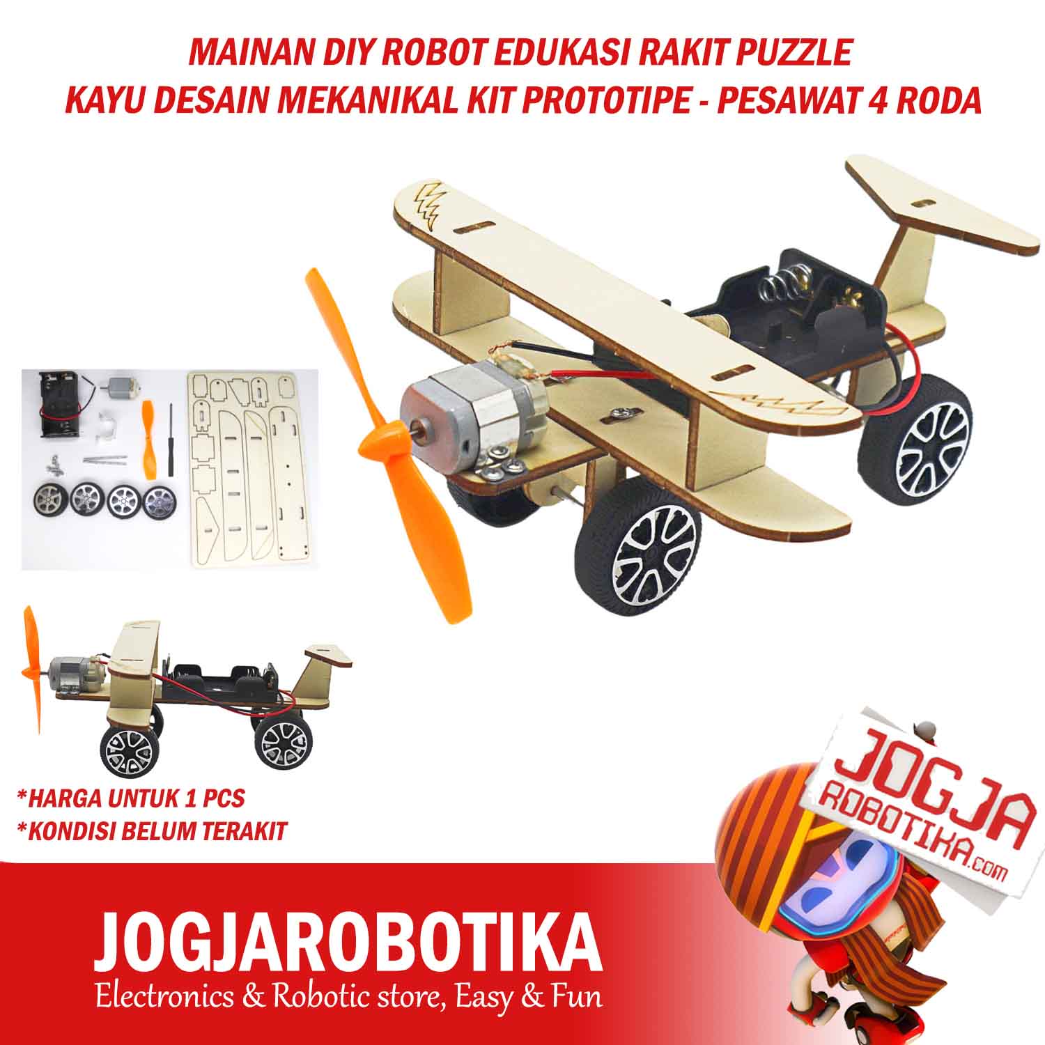 MAINAN DIY ROBOT EDUKASI RAKIT PUZZLE KAYU DESAIN MEKANIKAL KIT PROTOTIPE - PESAWAT 4 RODA