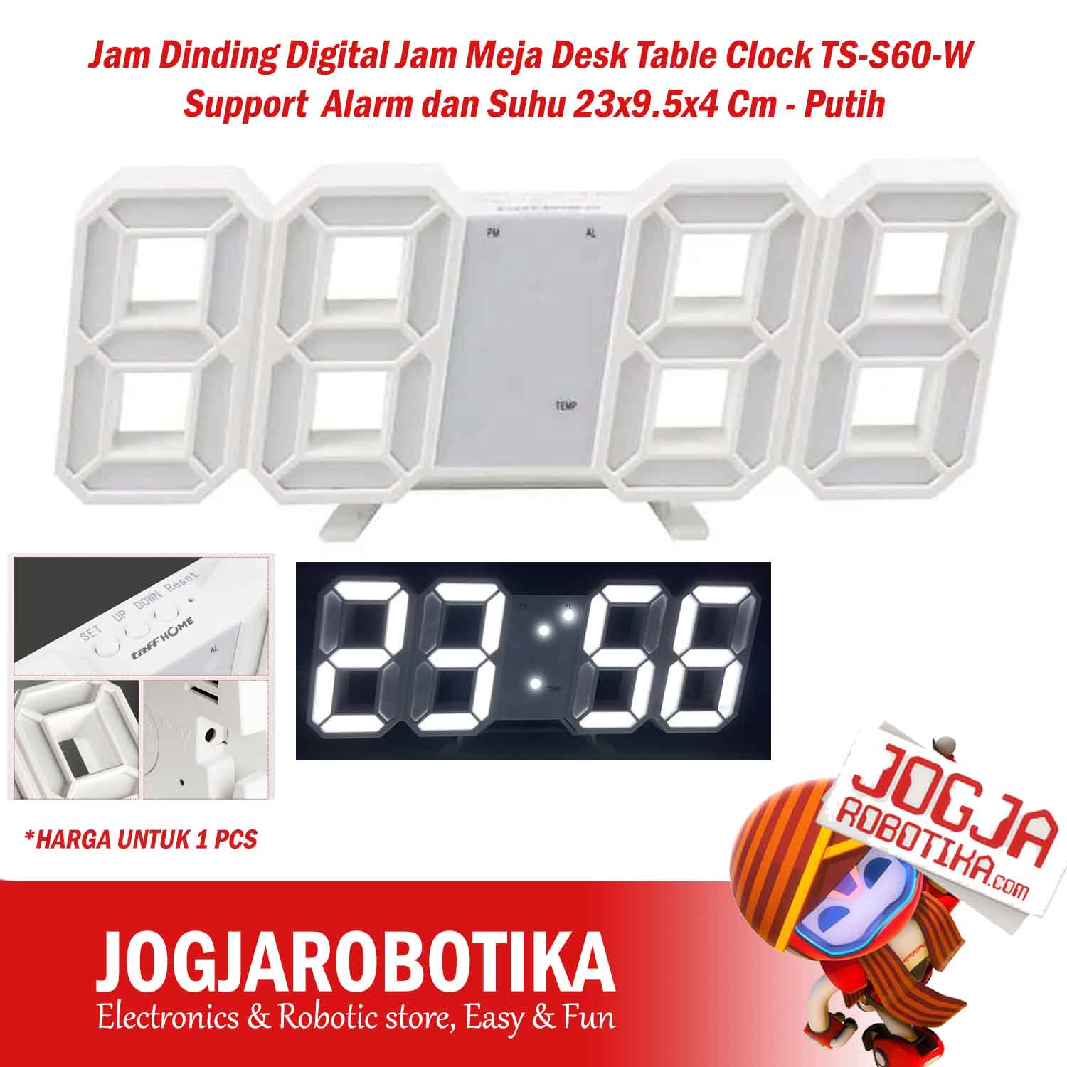 Jam Dinding Digital Jam Meja Desk Table Clock 3D TS-S60-W Support Alarm dan Suhu 23x9.5x4 Cm - Putih