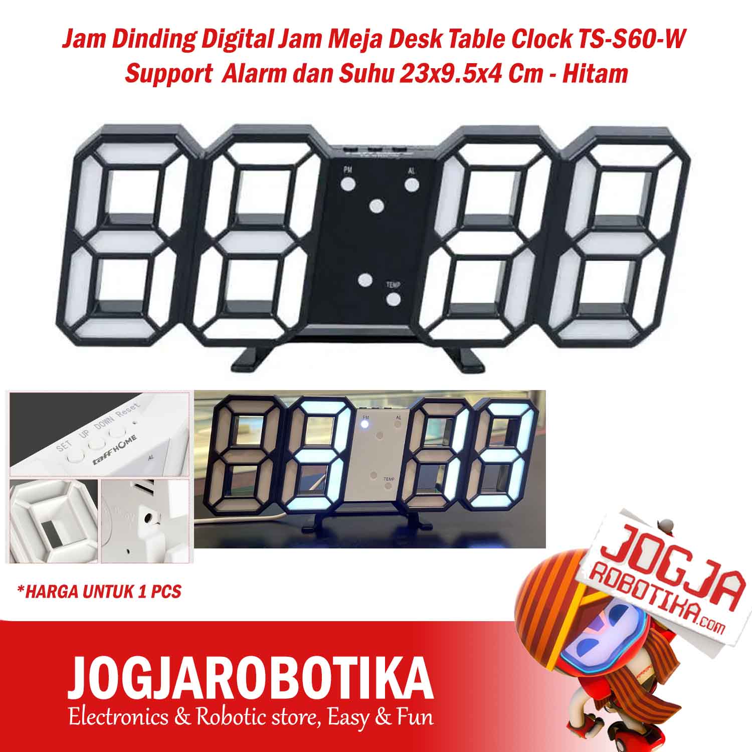 Jam Dinding Digital Jam Meja Desk Table Clock 3D TS-S60-W Support Alarm dan Suhu 23x9.5x4 Cm - Hitam