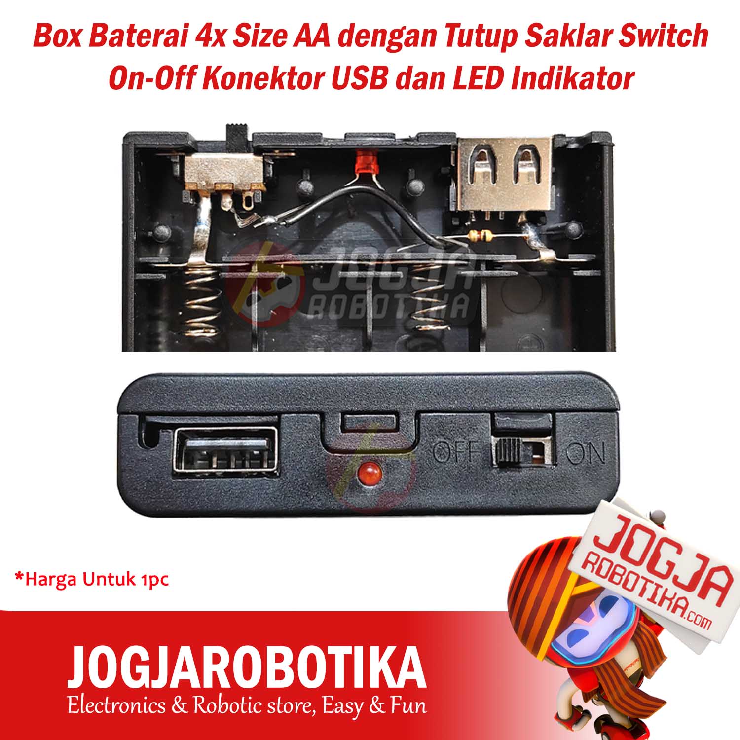 Box Baterai 4x Size AA dengan Tutup Saklar Switch On-Off Konektor USB dan LED Indikator