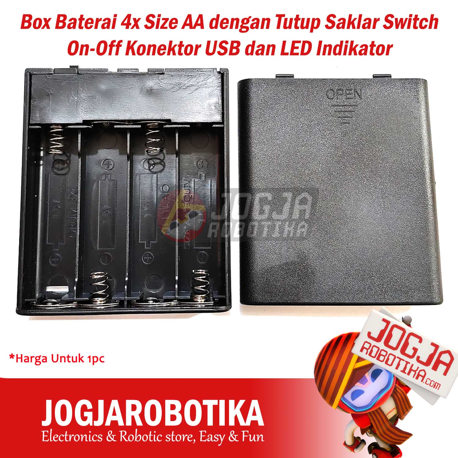 Box Baterai 4x Size AA dengan Tutup Saklar Switch On-Off Konektor USB dan LED Indikator