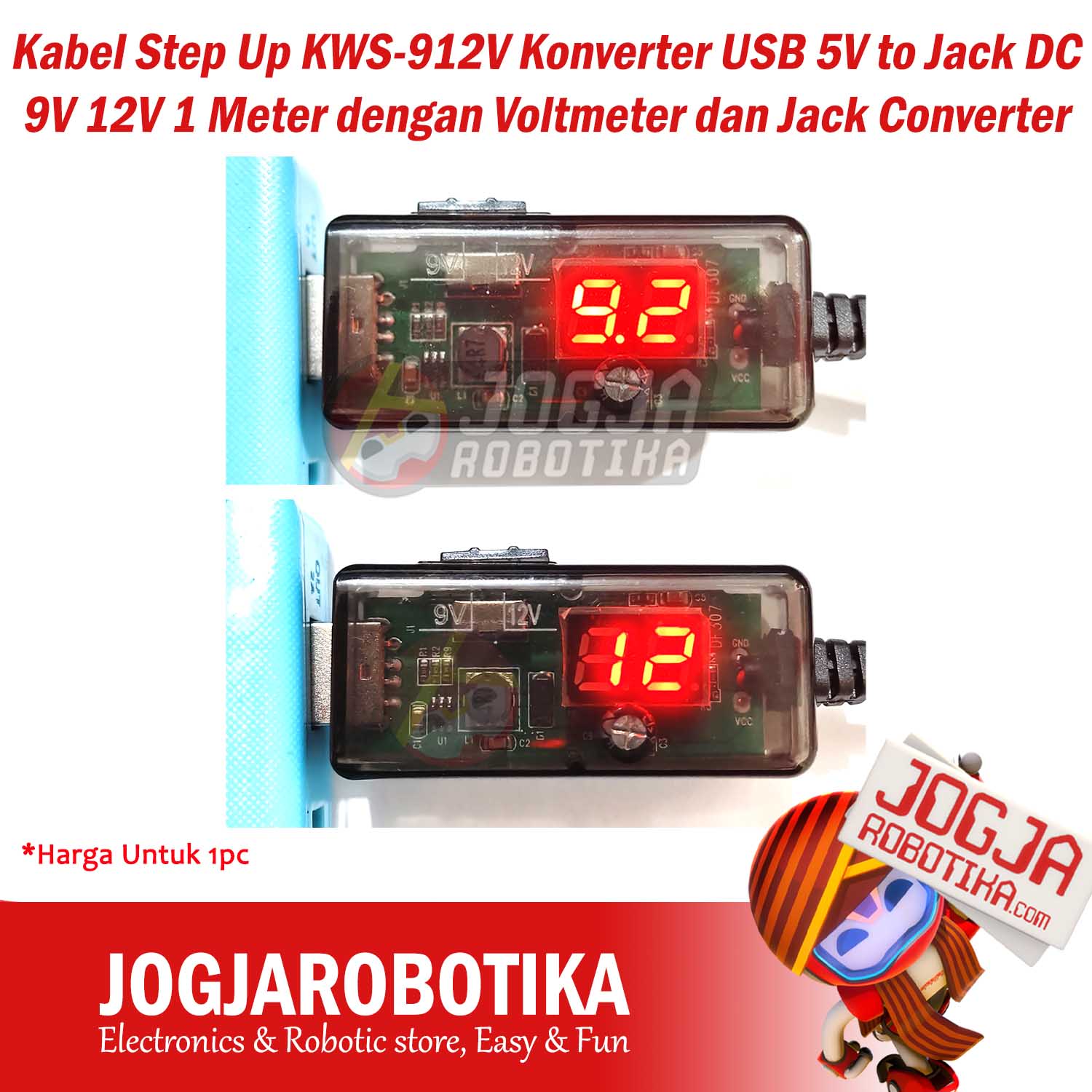 Kabel Step Up KWS-912V Konverter USB 5V to Jack DC 9V 12V 1 Meter dengan Voltmeter dan Jack Converter