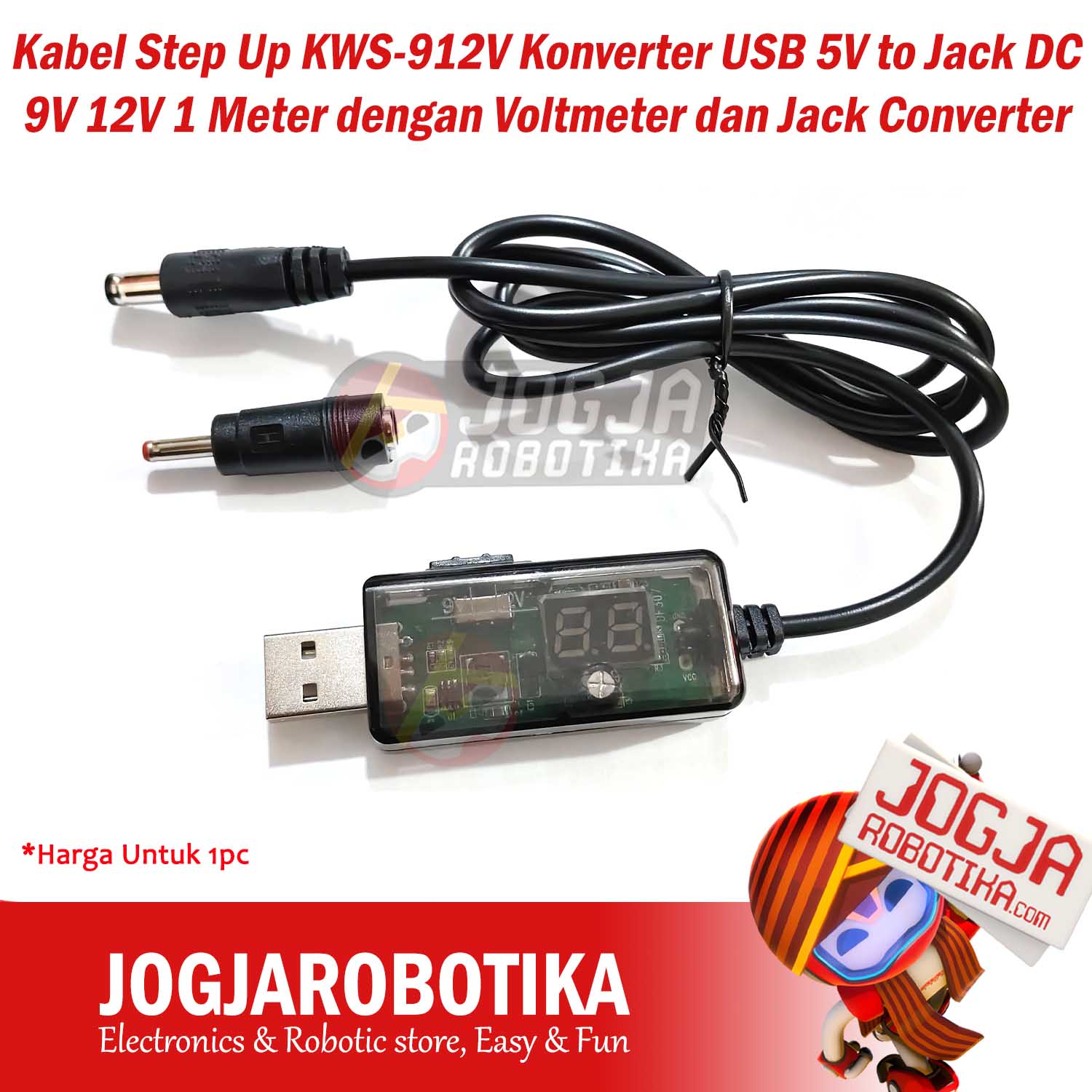 Kabel Step Up KWS-912V Konverter USB 5V to Jack DC 9V 12V 1 Meter dengan Voltmeter dan Jack Converter