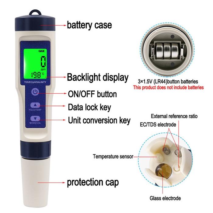5 in 1 PPM TDS EC PH SALINITY TEMPERATURE Meter Digital Water Quality Tester EZ-9909