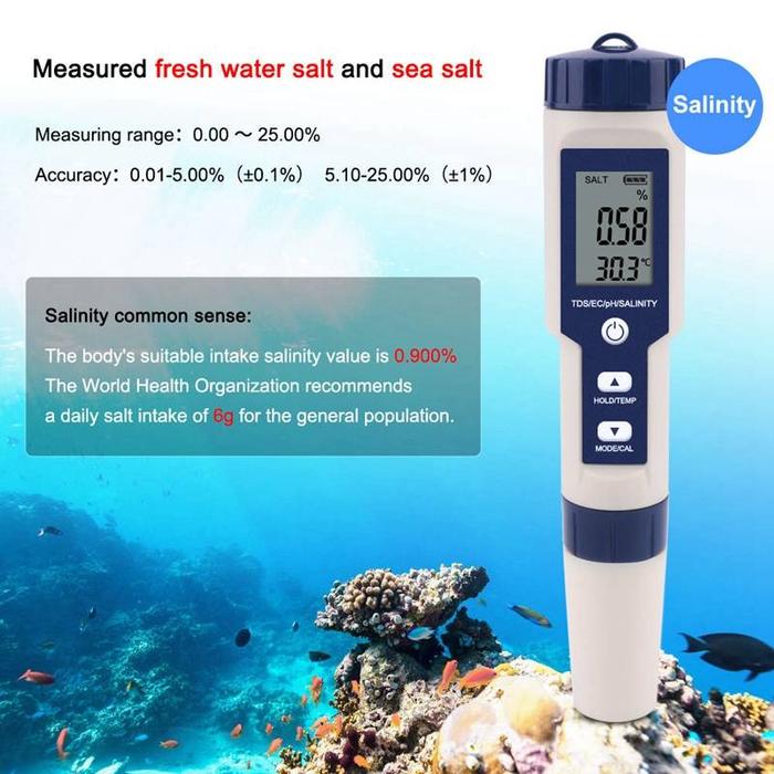 5 in 1 PPM TDS EC PH SALINITY TEMPERATURE Meter Digital Water Quality Tester EZ-9909