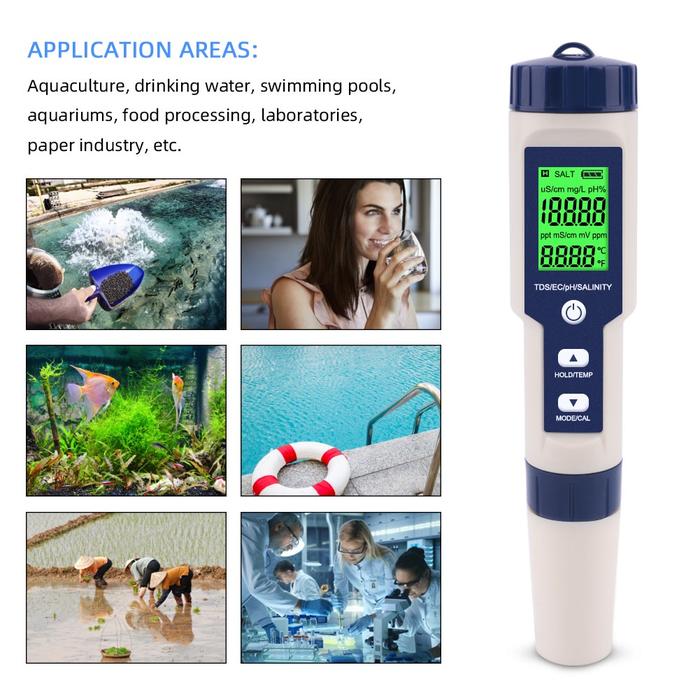 5 in 1 PPM TDS EC PH SALINITY TEMPERATURE Meter Digital Water Quality Tester EZ-9909