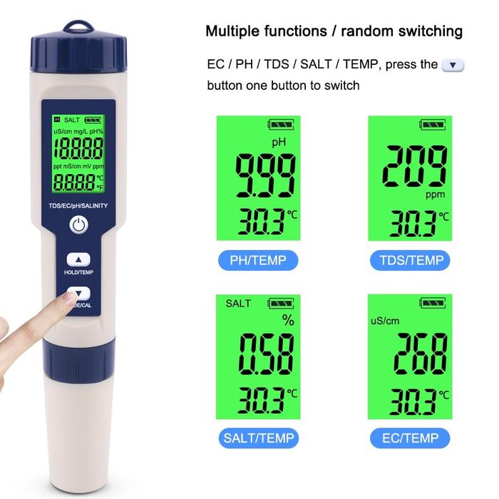 5 in 1 PPM TDS EC PH SALINITY TEMPERATURE Meter Digital Water Quality Tester EZ-9909