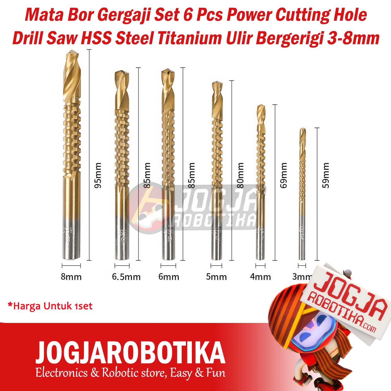 Mata Bor Gergaji Set 6 Pcs Power Cutting Hole Drill Saw HSS Steel Titanium Ulir Bergerigi 3-8mm