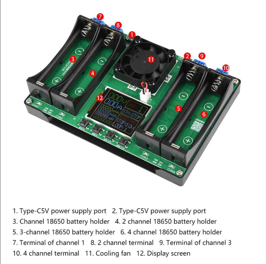 4 Channel Type-C LCD Display Modul Penguji Kapasitas Baterai 18650 Lithium Battery True Capacity Tester Module MaH mWh mR Resistance Charging Discharging