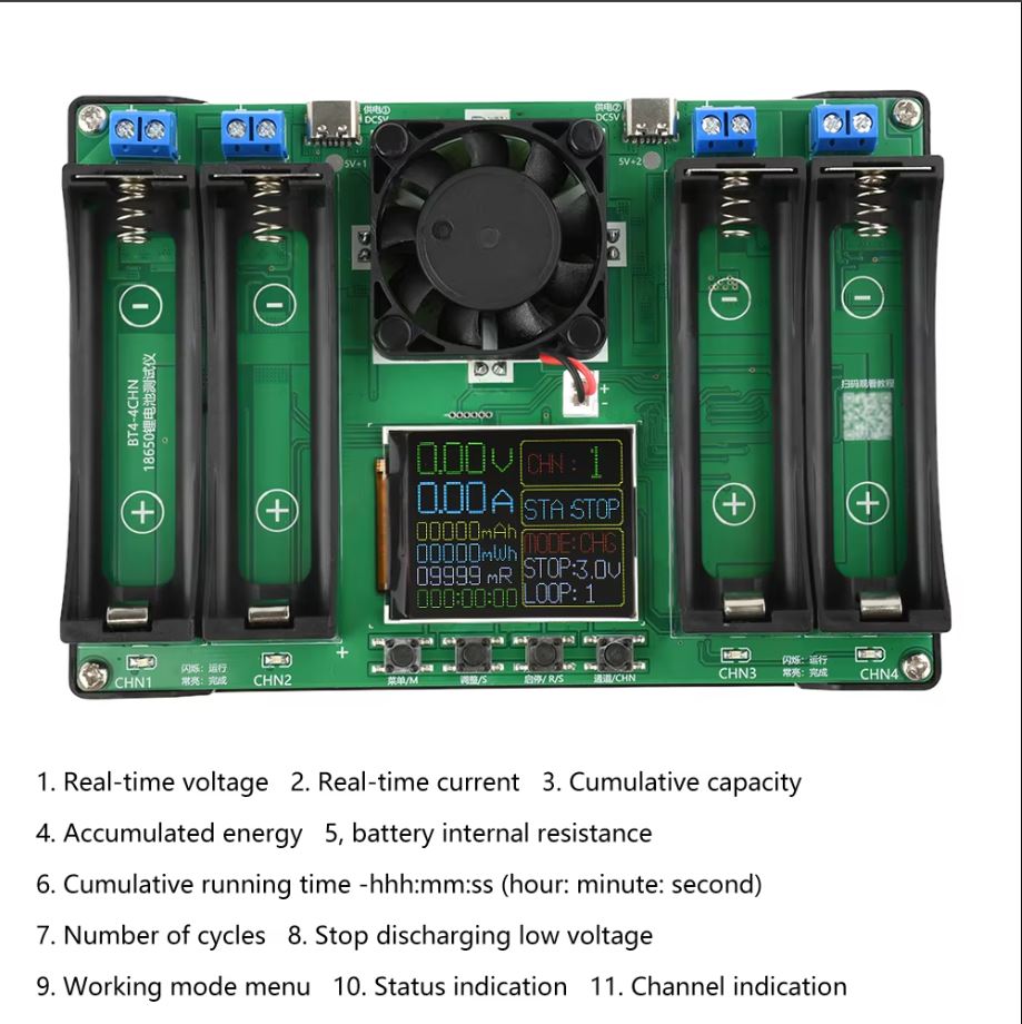 4 Channel Type-C LCD Display Modul Penguji Kapasitas Baterai 18650 Lithium Battery True Capacity Tester Module MaH mWh mR Resistance Charging Discharging