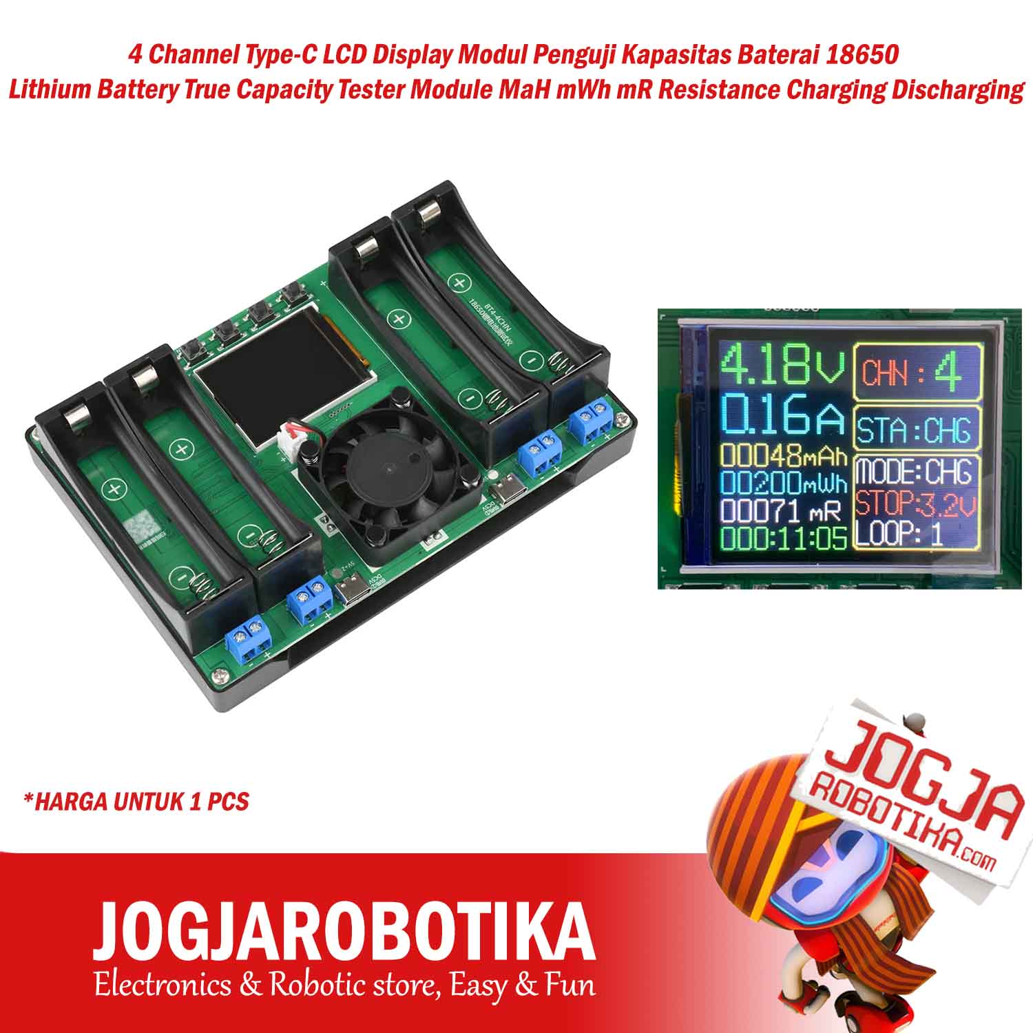 4 Channel Type-C LCD Display Modul Penguji Kapasitas Baterai 18650 Lithium Battery True Capacity Tester Module MaH mWh mR Resistance Charging Discharging