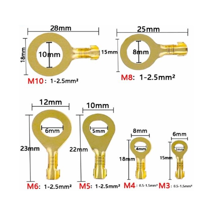 Paket Sekun Skun Konektor Tembaga Gepeng Terminal Ring O Baut Bulat Kabel M3/M4/M5/M6/M8/M10 6 Ukuran 150pcs